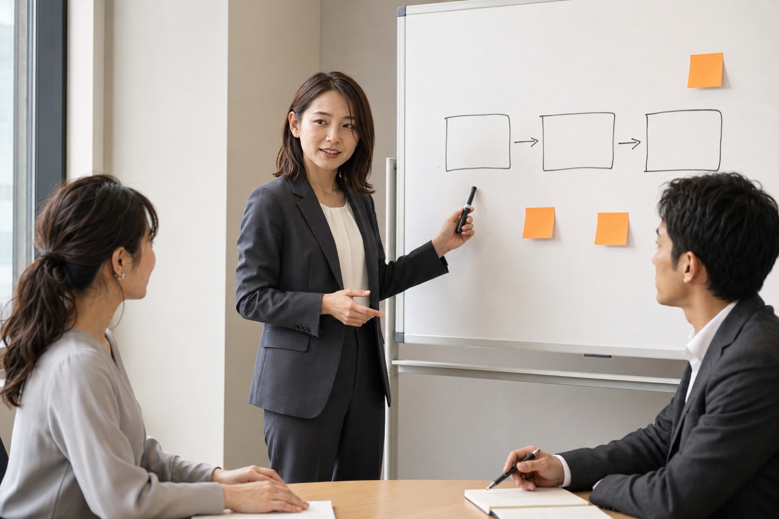 女性の発表者が業務フローをホワイトボードで説明し、二人の参加者が聞くワークショップ
